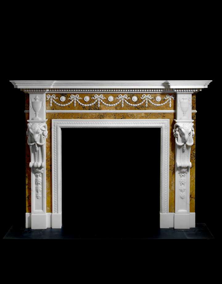 A GEORGE III STATUARY AND SIENNA MARBLE CHIMNEY PIECE BY JOSEPH WILTON AND DESIGNED BY JOSEPH BONOMI